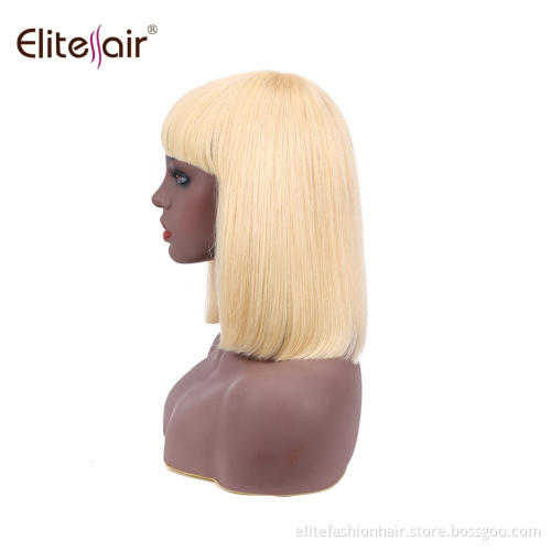100% Brazilian Virgin Human Hair Glueless 613 Blonde Color Wig Flat Bang for for black Women Straight Short Bob Wigs with Bangs